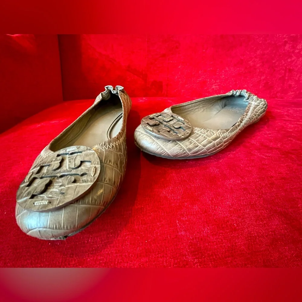 Tory Burch Brown Croc-Embossed Reva Ballet Flats with Logo